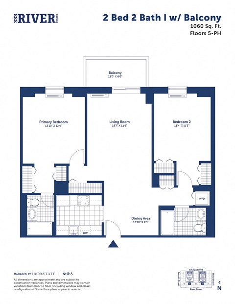 Floor plan for 2 beds, 2 baths, 1060 sqft